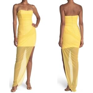 NWOT Likely Blakely Strapless Asymmetric Draped Mesh Overlay Gown in Yellow